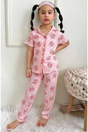 PJKÖ Geyikcik Desenli Pembe Kısa Kollu Önden Düğmeli Kız Çocuk Pijama Takımı 4-12 Yaş 541K-P