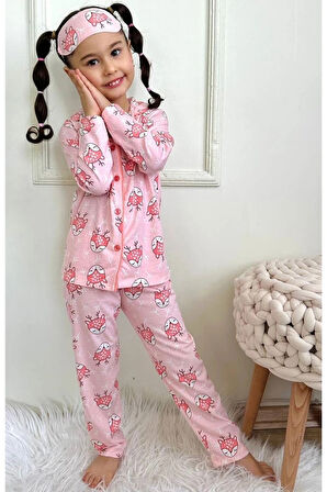 PJKÖ Geyikcik Desenli Pembe Uzun Kollu Önden Düğmeli Kız Çocuk Pijama Takımı 4-12 Yaş 541U-P