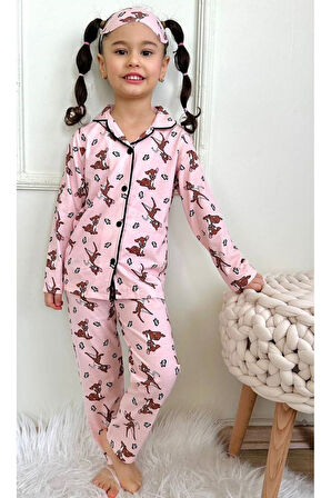 PJKÖ Geyik ve Kelebek Desenli Pembe Uzun Kollu Önden Düğmeli Kız Çocuk Pijama Takımı 4-12 Yaş 542U-P