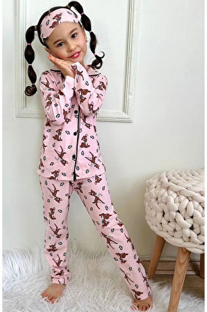 PJKÖ Geyik ve Kelebek Desenli Pembe Uzun Kollu Önden Düğmeli Kız Çocuk Pijama Takımı 4-12 Yaş 542U-P