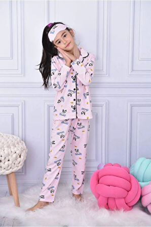 PJKÖ Tavşan Desenli Pembe Uzun Kollu Önden Düğmeli Kız Çocuk Pijama Takımı 4-12 Yaş 584U