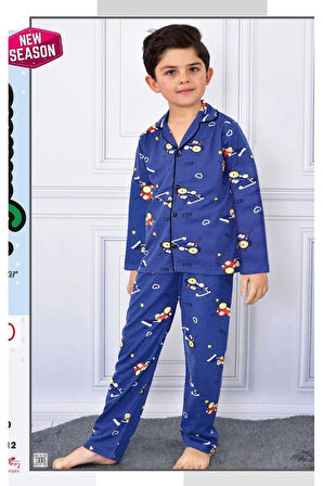 PJKÖ Kepçe Desenli Lacivert Uzun Kollu Önden Düğmeli Erkek Çocuk Pijama Takımı 4-12 Yaş 710U
