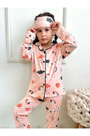 PJKÖ Bulut Desenli Somon Uzun Kollu Önden Düğmeli Kız Çocuk Pijama Takımı 4-12 Yaş 714U