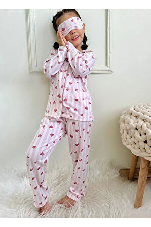 1+1PJKÖ Kalp Desenli Pembe Uzun Kollu Önden Düğmeli Kız Çocuk Pijama Takımı 4-12 Yaş 716U