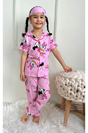 PJKÖ Minnie Mause Desenli Pembe Kısa Kollu Önden Düğmeli Kız Çocuk Pijama Takımı 4-12 Yaş 722K