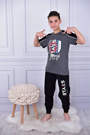 KAPİP Füme Steyle Baskılı Kısa Kollu Erkek Çocuk Pijama Takımı 11-15 Yaş 5056-F