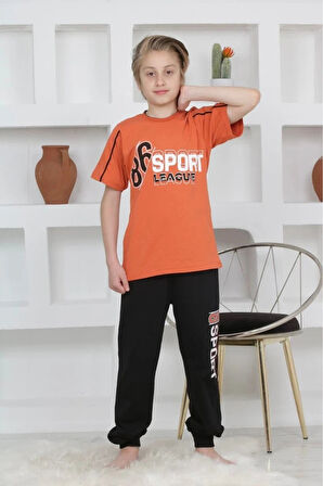 KAPİP Turuncu Sport Baskılı Kısa Kollu Erkek Çocuk Pijama Takımı 11-15 Yaş 5093-T