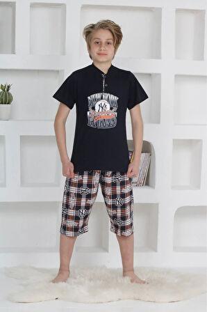 KAPİP Lacivert Newyork Baskılı Kısa Kollu Kaprili Erkek Çocuk Pijama Takımı 11-15 Yaş 5106-L