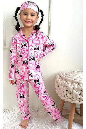PJKÖ Kuromi Desen Pembe Uzun Kollu Önden Düğmeli Kız Çocuk Pijama Takımı 4-12 Yaş 537U-P