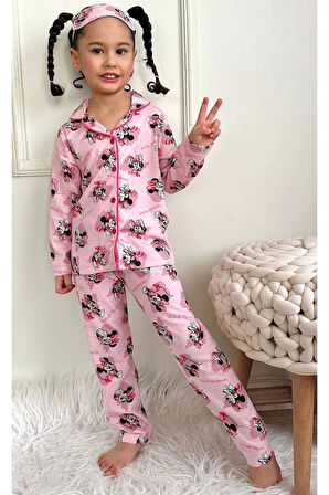 PJKÖ Minnie Mause Desen Pembe Uzun Kollu Önden Düğmeli Kız Çocuk Pijama Takımı 4-12 Yaş 538U-P