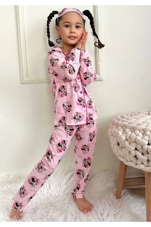 PJKÖ Minnie Mause Desen Pembe Uzun Kollu Önden Düğmeli Kız Çocuk Pijama Takımı 4-12 Yaş 538U-P