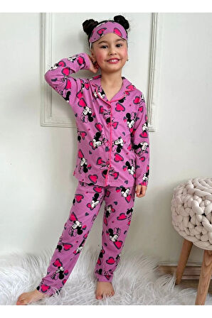 PJKÖ Minnie Mause Desen Mor Uzun Kollu Önden Düğmeli Kız Çocuk Pijama Takımı 4-12 Yaş 543U-M