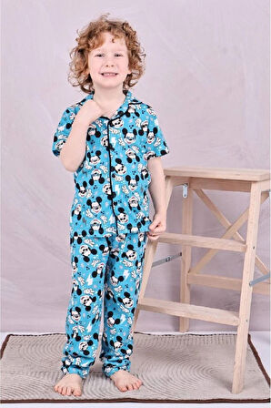 PJKÖ Mickey Desenli Mavi Kısa Kollu Önden Düğmeli Erkek Çocuk Pijama Takımı 4-12 Yaş 544K