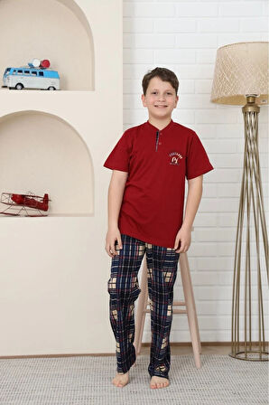 KAPİP Bordo Break Limite Baskılı Kısa Kollu Erkek Çocuk Pijama Takımı 10-15 Yaş 5873-BO