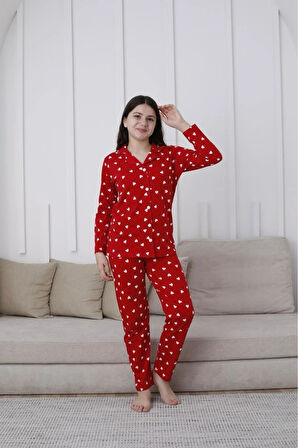KAPİP Kırmızı Önden Düğmeli Uzun Kollu Kız Çocuk Pijama Takımı 10-15 Yaş 59116-K
