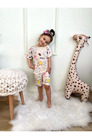 UKP Kedicik Desenli Ekru Kız Çocuk Şortlu Pijama Takımı 3-10 Yaş 6306
