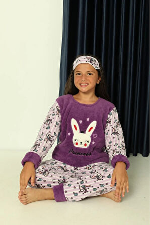 MİNİM Mor Tavşanlı Polar Kız Çocuk Pijama Takımı 5-16 Yaş 6064-M