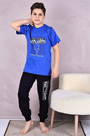 KAPİP Saks Mavi Hıkıng Baskılı Kısa Kollu Erkek Çocuk Pijama Takımı 11-15 Yaş 7025-SM