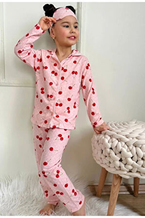 PJKÖ Kiraz Desenli Pembe Uzun Kollu Önden Düğmeli Kız Çocuk Pijama Takımı 4-12 Yaş 728U-P