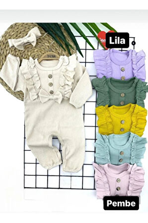 %100 Pamuk Fırfırlı, Fiyonklu, Düğmeli, Saç Bantlı Kız Tulum Pembe 3-12 Ay 7783-P