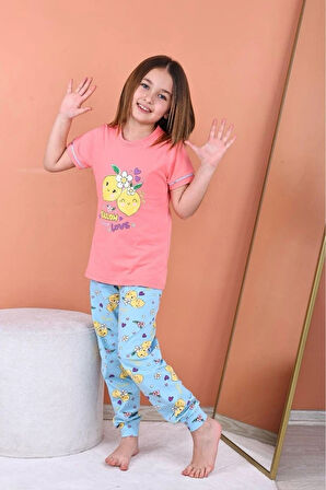 KAPİP Nar Çiçeği Limon Baskılı Kısa Kollu Kız Çocuk Pijama Takımı 11-15 Yaş 8033-N