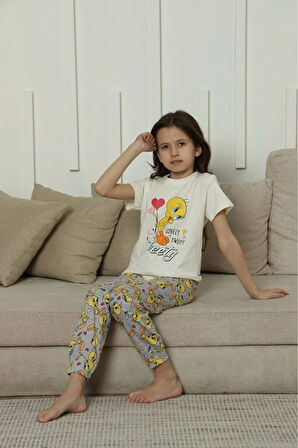 KAPİP Ekru Tweety Baskılı Kısa Kollu Kız Çocuk Pijama Takımı 11-15 Yaş 8049-E