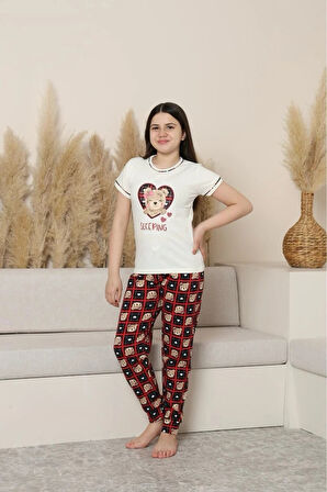 KAPİP Ekru Ayıcık Baskılı Kısa Kollu Kız Çocuk Pijama Takımı 11-15 Yaş 8055-E