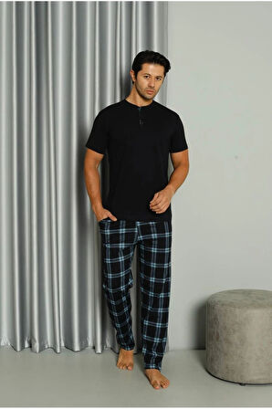 IŞILAY Lacivert Önden 3 Düğmeli Ekose Pijamalı Kısa Kollu Erkek Pijama Takımı 19041-L