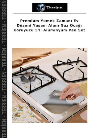 Premium Yemek Zamanı Ev Düzeni Yaşam Alanı Gaz Ocağı Koruyucu 5'li Alüminyum Ped Set