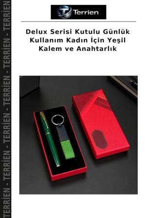 Delux Serisi Kutulu Günlük Kullanım Kadın İçin Yeşil Kalem ve Anahtarlık