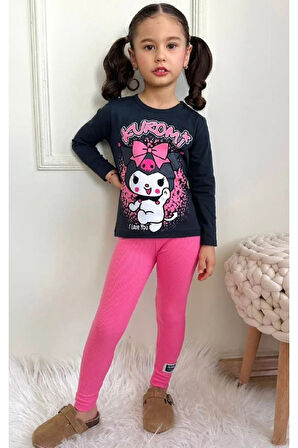 PJKT Kuromi Desenli Siyah Fuşya Penyeli Taytlı Kız Çocuk Takımı 3-10 Yaş 7498-F