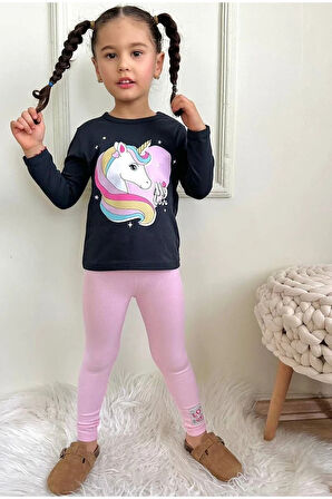 PJKT Unicorn Desenli Siyah Pembe Penyeli Taytlı Kız Çocuk Takımı 3-10 Yaş 7502-P