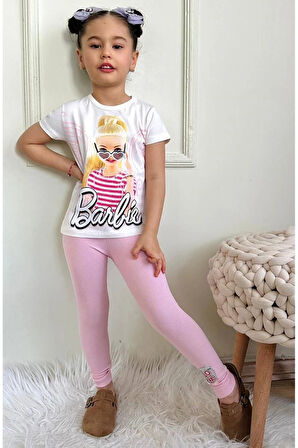PJKT Barbie Desenli Pembe Penyeli Taytlı Kız Çocuk Takımı 3-10 Yaş 7504-P