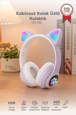 Özel Seri Dinleme Teknoloji Kedi Bluetooth Kulaklık Kulak Üstü HD90 Mor