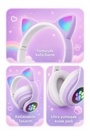Özel Seri Dinleme Teknoloji Kedi Bluetooth Kulaklık Kulak Üstü HD90 Mor