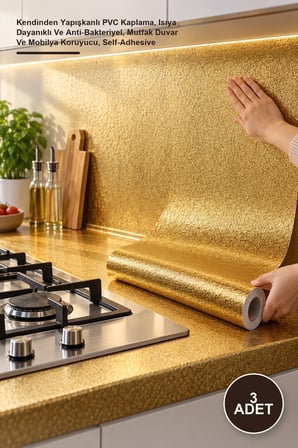 3 Adet Yapışkanlı Gold Mutfak Tezgah Folyosu – Kendinden Yapışkanlı Pvc Kaplama, İsıya Dayanıklı Ve Anti-Bakteriyel, Mutfak Duvar Ve Mobilya Koruyucu, Self-Adhesive