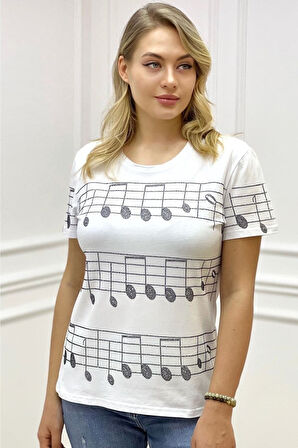 Büyük Beden Kısa Kol Bisiklet Yaka Nota Desen Crystal Taşlı Kırmızı Şık Kadın T-shirt