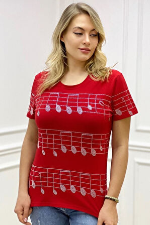 Büyük Beden Kısa Kol Bisiklet Yaka Nota Desen Crystal Taşlı Kırmızı Şık Kadın T-shirt