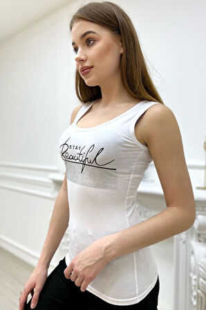 Kadın Slim Fit Beautiful Yazılı Crystal Taşlı Şık Kadın Atlet Kolsuz Tshirt