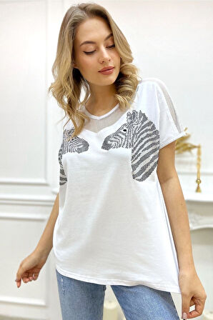 Rahat Kalıp Büyük Beden Zebra Crystal Taşlı Beyaz Kadın Şık Pamuk T-shirt