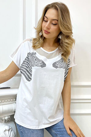 Rahat Kalıp Büyük Beden Zebra Crystal Taşlı Beyaz Kadın Şık Pamuk T-shirt