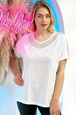 Rahat Kalıp File Detaylı Büyük Beden Crystal Taş Baskılı Pamuk Kadın T-shirt