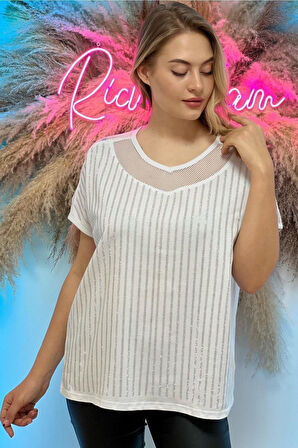 Rahat Kalıp File Detaylı Büyük Beden Crystal Taş Baskılı Pamuk Kadın T-shirt