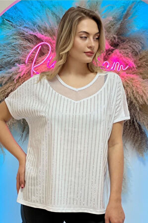 Rahat Kalıp File Detaylı Büyük Beden Crystal Taş Baskılı Pamuk Kadın T-shirt