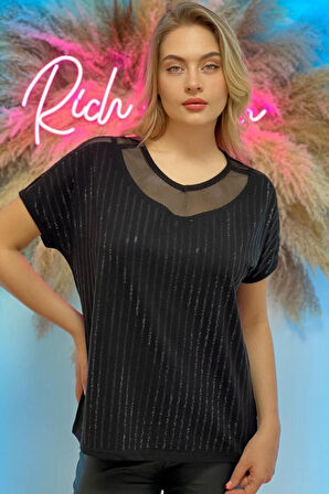 Rahat Kalıp File Detaylı Büyük Beden Crystal Taş Baskılı Pamuk Kadın T-shirt