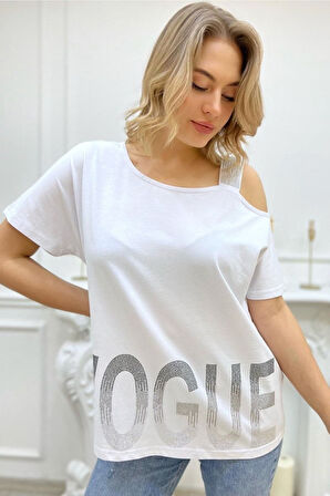 Bol Kesim Büyük Beden Tek Omzu Açık Askılı Crystal Taşlı Şık Rahat Beyaz Kadın Pamuk T-shirt