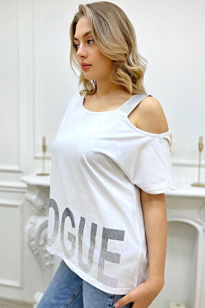 Bol Kesim Büyük Beden Tek Omzu Açık Askılı Crystal Taşlı Şık Rahat Beyaz Kadın Pamuk T-shirt