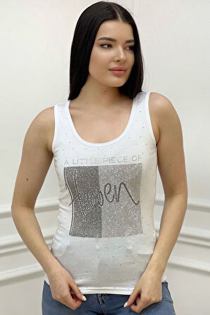 Heaven Crystal Taş Baskılı Dar Kesim / Slim Fit Pamuk Kadın Şık Atlet Kalın Askılı Kolsuz T-shirt