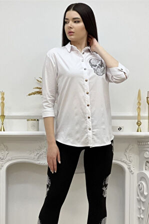 Kurukafa Crystal Taşlı Arkası Uzun Pamuklu Likralı Beyaz Kadın Gömlek
