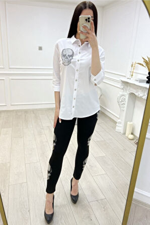 Kurukafa Crystal Taşlı Arkası Uzun Pamuklu Likralı Beyaz Kadın Gömlek